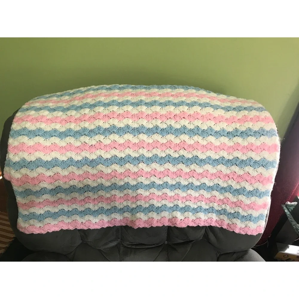 Handmade Crocheted Pastel Pink Blue White Baby Afghan Blanket Throw Soft 42 x 34